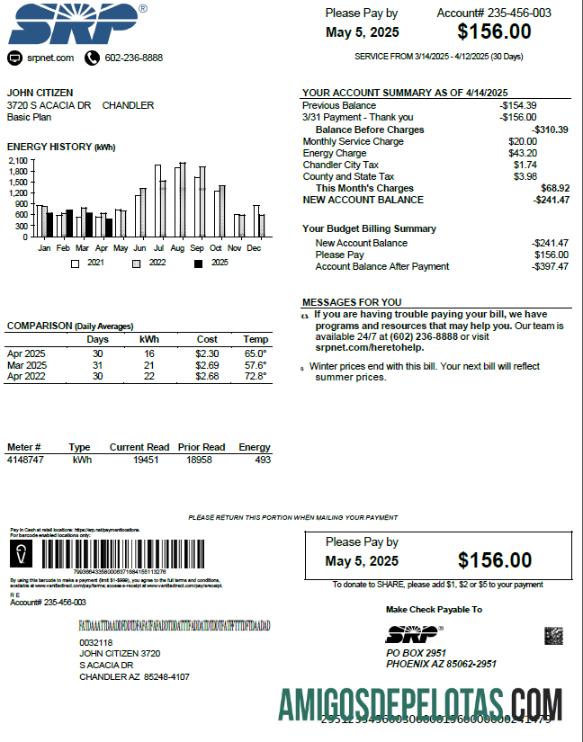 imprimível Modelo de fatura de serviços públicos SRP dos EUA em formatos Word e PDF